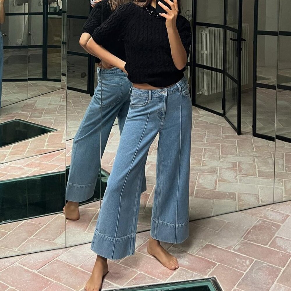 NWT ZARA CROP WIDE LEG FRONT SEAM Z1975 JEANS WITH A HIGH WAIST LIGHT BLUE